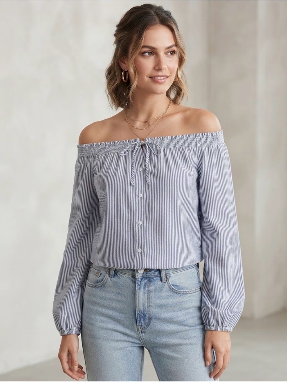 Aeropostale Blue and White Striped Off-Shoulder Blouse
